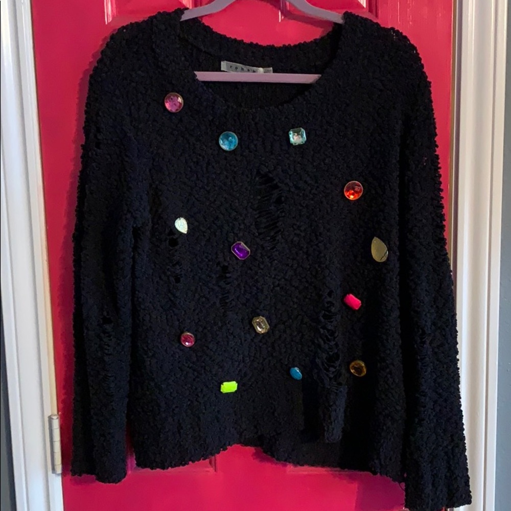 Comfy Retro 80’s Jewel Detail Sweater w Rip Detail